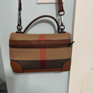 Stylish Tan and Brown Handbag with Red Stripe